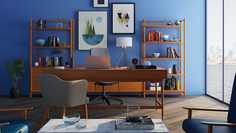 Projects brown-wooden-desk-with-rolling-chair-and-shelves-near-window